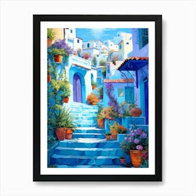 Blue Street With Potted Plants Art Print