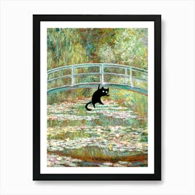 Monet Water Lily Pond With A Black Cat Funny Animals Art Print