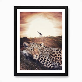 Jaguar And Giraffe In African Savannah Art Print