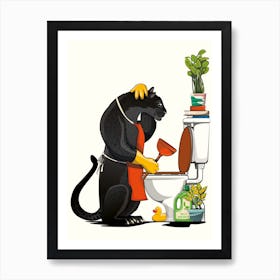 Wild Cat Black Panther Unblocking Toilet Art Print