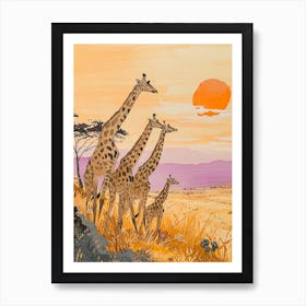 Giraffes In A Line At Sunset 4 Art Print