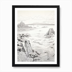 Sado Island In Niigata,, Ukiyo E Black And White Line Art Drawing 3 Art Print
