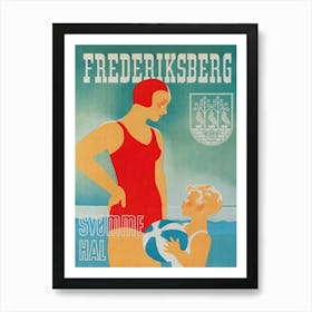 Fredriksberg Belgium, Mother and Son at Beach, Vintage Travel Poster Art Print