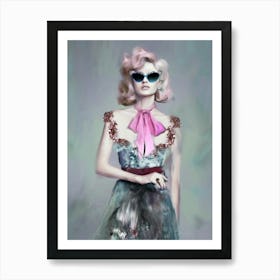 RHINESTONE COWGIRL - Fashion Illustration of Woman, Pink Hair , Blue Retro Glasses, Pink Bow Ribbon in Pastel Pink by "Colt x Wilde" Art Print