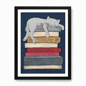 Cat Sleeping On Books Art Print