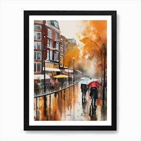 Amsterdam cafes, autumn season, rain, autumn oil colours.Faded colours,People passing on the street, winter clothes, rain umbrellas.4 4 Art Print