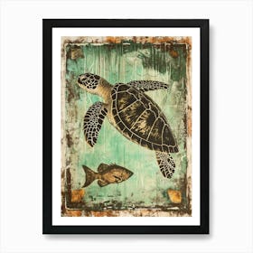 Vintage Scrapbook Sea Turtle With Fish Art Print