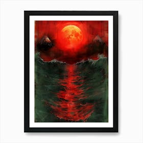 Red Moon Over The Ocean Art Print