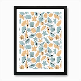 Scattered Seashells and Surfer Lingo Black Line Art with Orange and Blue Art Print