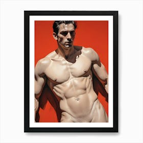 "Crimson Adonis" is a hyperrealistic portrait that captures the breathtaking beauty and raw power of the naked male form. Rendered in vibrant hues of crimson and warm bronze, the figure commands attention with his sculpted physique and intense gaze. The artist masterfully employs light and shadow to highlight the intricate details of muscle and bone, creating a sense of both strength and vulnerability. The composition is bold and unapologetic, celebrating the idealized beauty of the male nude body with a classical sensibility. The rich textures and lifelike rendering draw the viewer into an intimate encounter with the subject, leaving a lasting impression of both physical and emotional intensity. The work transcends mere representation, becoming a powerful statement on beauty, masculinity, and the human form. Art Print