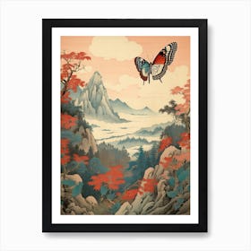 Butterfly With Mountaneous Landscape Japanese Style Painting 4 Art Print