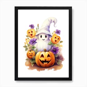 Cute Ghost With Pumpkins Halloween Watercolour 98 Art Print