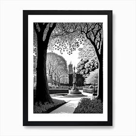 Luxembourg Gardens, 1, France Linocut Black And White Vintage Art Print