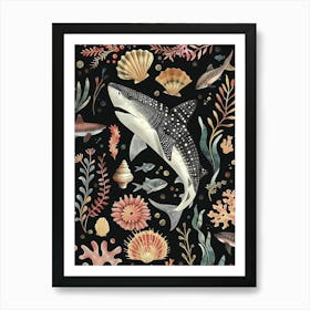 Whale Shark Seascape Black Background Illustration 2 Art Print