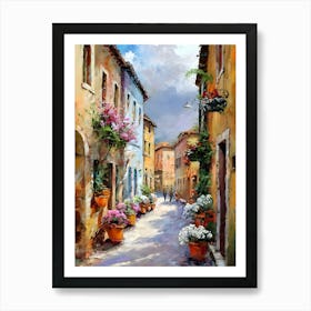 A painting of a street in a small town, a fine art painting, by Bernard D’Andrea, trending on cg society, josephine wall and pino daeni, beautiful painting of a tall, garmash, cinq terre, lourmarin, spring evening, in an alley, painted with a thin brush, raphaël, 1 Art Print