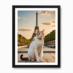 A Feline’s Eye View: Snapshots from Famous Sites Cat In Front Of Eiffel Tower Art Print