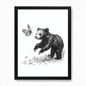 Malayan Sun Bear Cub Chasing After A Butterfly Ink Illustration 2 Art Print