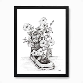 Black and White Flowers in a Boot Art Print