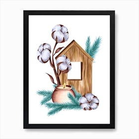 Wooden House with Cotton, Candle and Teal Pine Branches Art Print
