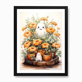 Cute Bedsheet Ghost, Botanical Halloween Watercolour 145 Art Print