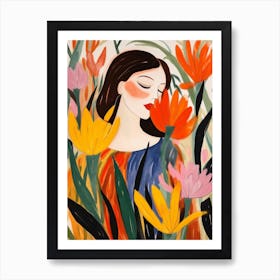 Woman With Autumnal Flowers Bird Of Paradise 3 Art Print