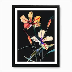 Neon Flowers On Black Flax Flower 3 Art Print