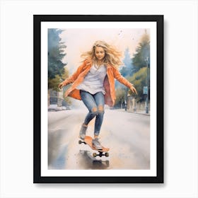 Girl Skateboarding In Vancouver, Canada Watercolour 2 Art Print