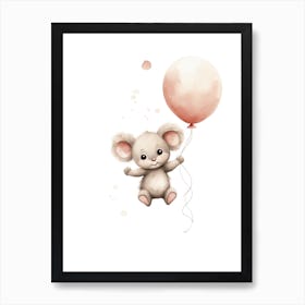 Baby Koala Flying With Ballons, Watercolour Nursery Art 2 Art Print