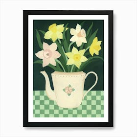 Daffodil Bouquet Vintage Teapot Painting Póster