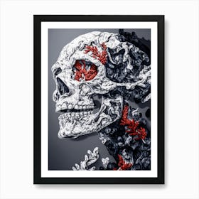 Skull With Red Flowers Art Print