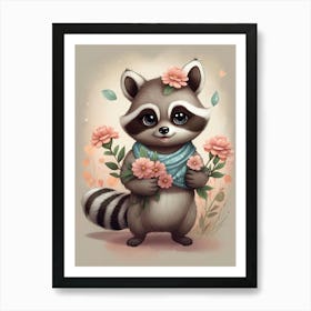 Vintage Raccoon With Flowers Art Print