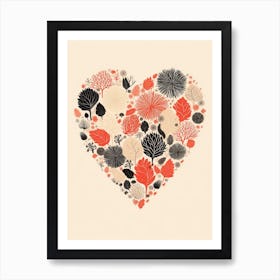 Ferns & Leaves In Detailed Line Heart Black Red Art Print