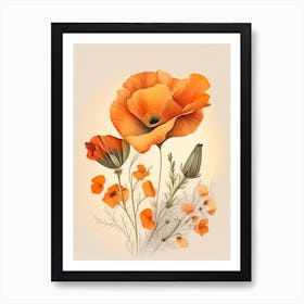 California Poppy Spices And Herbs Retro Drawing 4 Art Print