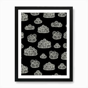 Fluffy Abstract Doodle Line Art Clouds White on Black Art Print