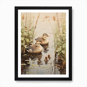 Ducklings Swimming Japanese Woodblock Style 2 Art Print