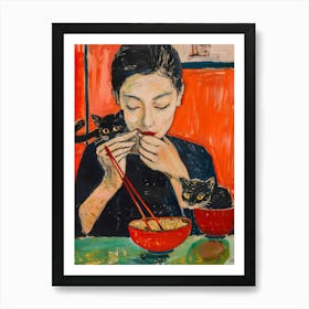 Portrait Of A Girl With Cats Eating Ramen 4 Art Print