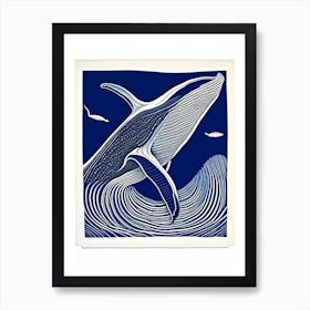 Blue Whale Vintage Linocut Art Print