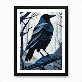 Crow, Raven In The Forest, crow, crow in forest, crow in dark forest, bird in dark forest, black and grey Art Print