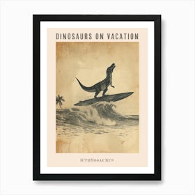 Vintage Icthyosaurus Dinosaur On A Surf Board 2 Poster Art Print