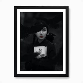 Girl Raven Black and White Art Print