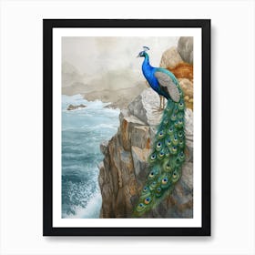 Peacock On A Cliff Edge Watercolour 3 Art Print