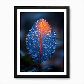 Blue Leaf With Water Droplets 16 Art Print