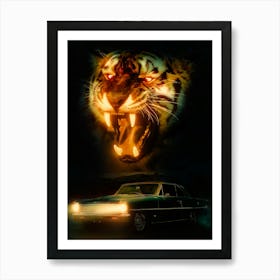 Tiger Is Roaring In The Night And Classic Car Affiche