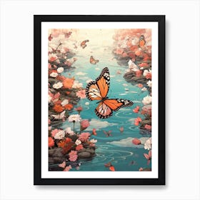 Butterflies At Sunset By The River Japanese Style Painting 1 Art Print