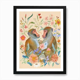 Folksy Floral Animal Drawing Baboon 4 Art Print