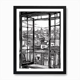 A Window View Of San Francisco In The Style Of Black And White  Line Art 2 Art Print
