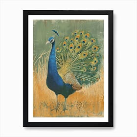 Blue Mustard Peacock In The Grass Linocut Inspired 1 Art Print