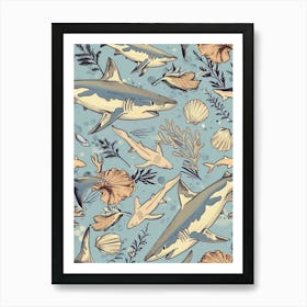 Pastel Blue White Tip Reef Shark Watercolour Seascape Pattern 2 Art Print