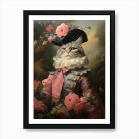 Cat With Flowers Rococo Style Art Print