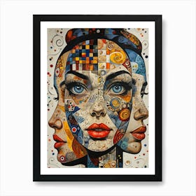 Abstract Triple Face Portrait with Vibrant Patterns and Artistic Details Art Print